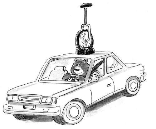 Bear with unicycle on his car.