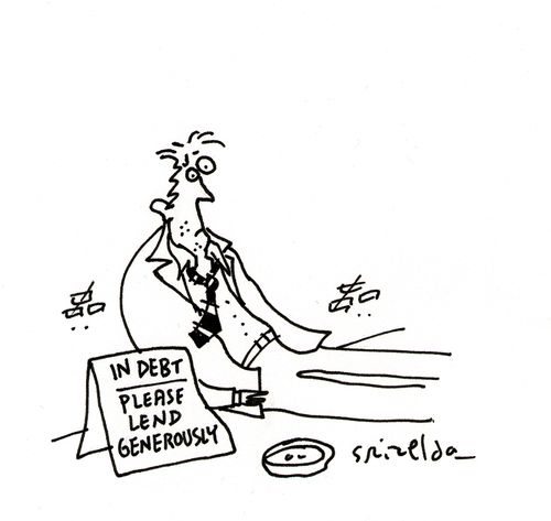 Man begging with sign - 'In Debt - Please lend generously'