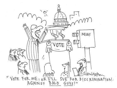 'Vote for me, or I'll sue for discrimination against bald guys.'