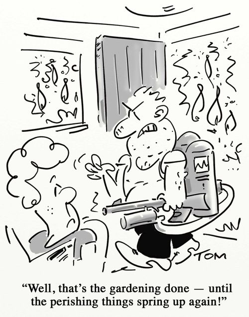 'Well, that's the gardening done - until the perishing things spring up again!'