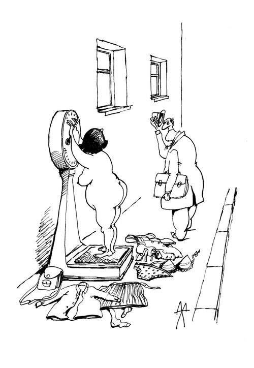 Woman strips on a public scale in order to get a lower reading.