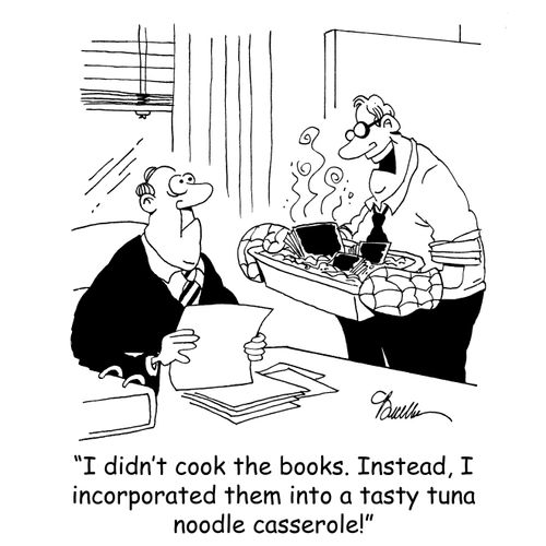 'I didn't cook the books. Instead, I incorporated them into a tasty tuna noodle casserole!'