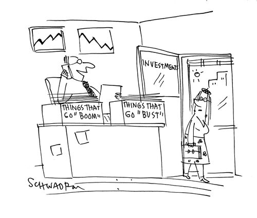 Financial adviser with desk organizers: Things that go 'boom' and Things that go 'bust'.