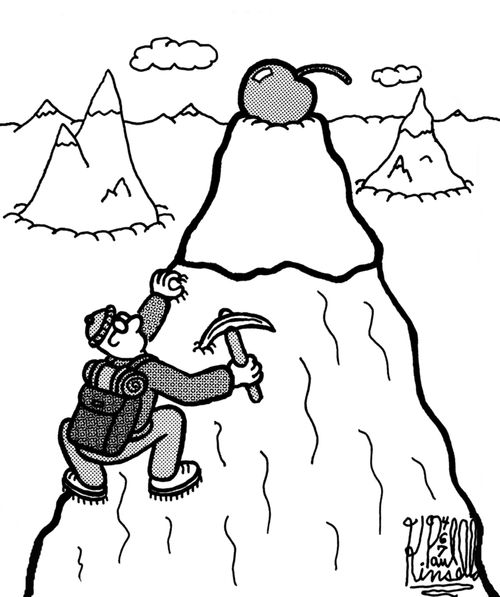 Mountain climber finds maraschino cherry on top of the mountain.