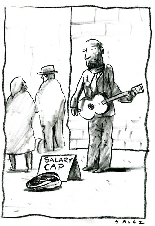 Man busking with 'salary cap' on the floor in front of him.