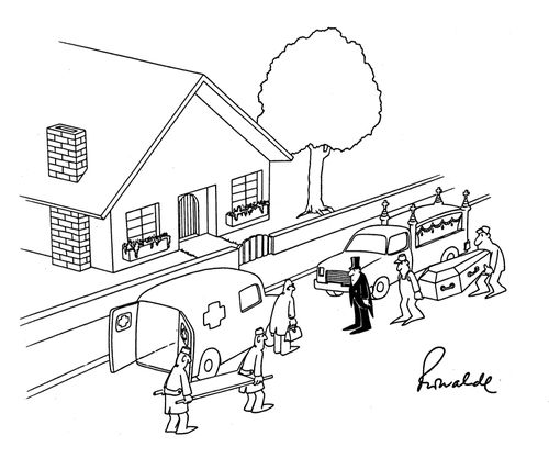 Meeting of ambulance and hearse.