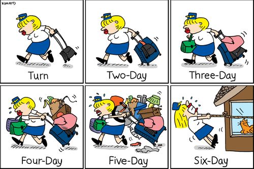 Multiple panels showing a flight attendant's luggage on different lengths of a working trip. 