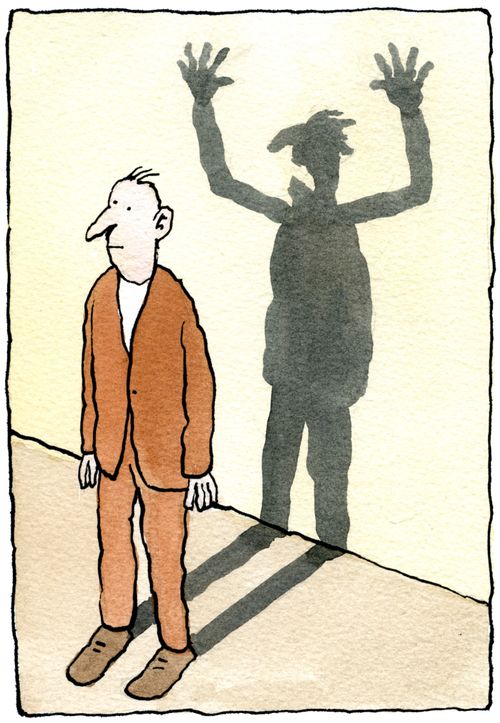 A man unaware that his shadow is shouting and gesticulating behind him