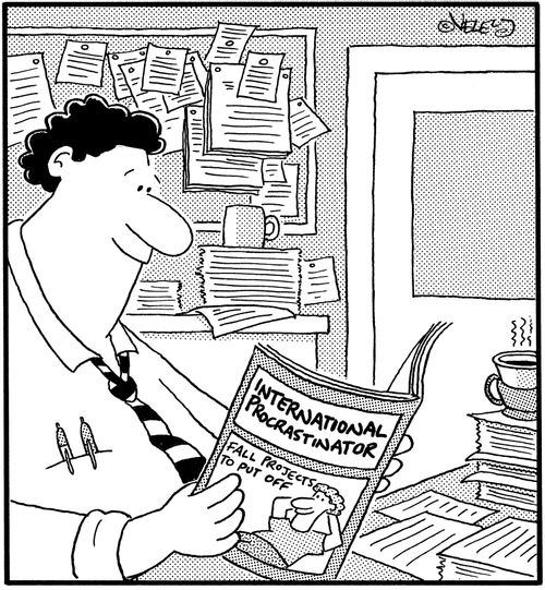 Man reading magazine: 'International Procrastinator.'