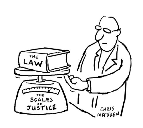 A man tipping the scales of justice in his own favour.