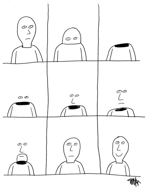 A man's head retreats into his body and slowly reappears piece by piece.