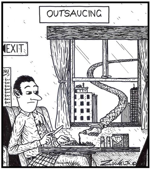 Outsaucing - A dollop of sauce has been put on a customer's plate from a long arm from afar.