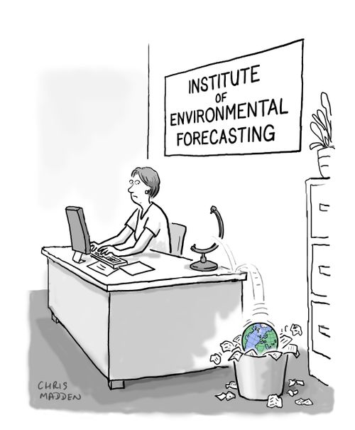 A globe detaches itself from its stand and falls into a rubbish bin in the offices of the (fictional) Institute of Environmental Forecasting
