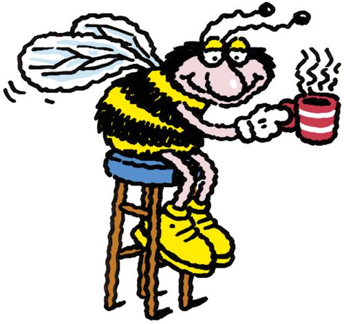 Bee on stool with mug of tea.