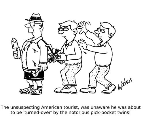 The unsuspecting American tourist, was unaware he was about to be 'turned-over' by the notorious pick-pocket twins!