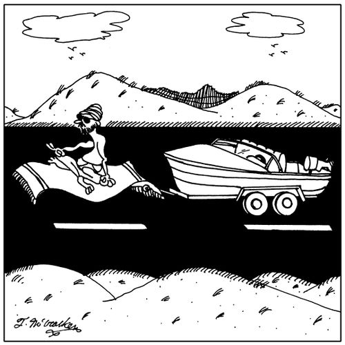 A sultan on a flying carpet towing a boat behind him.