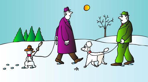 A man walking a dog passes a man walking a snowman.