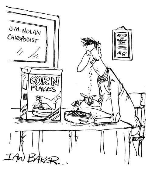 Chiropodist eating corn flakes
