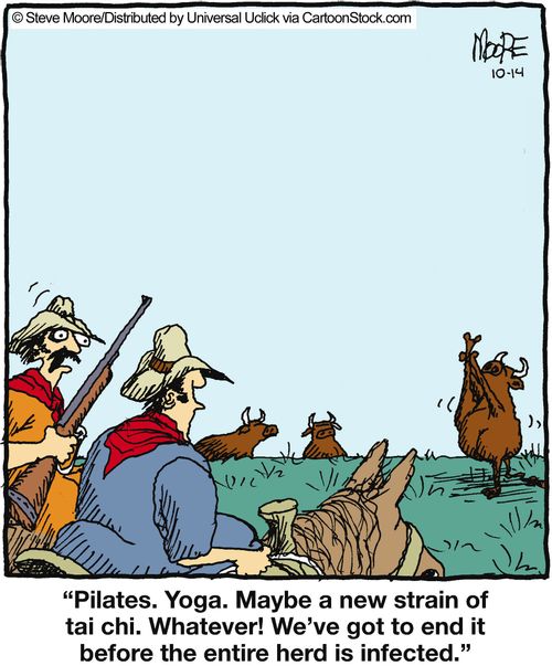 'Pilates. Yoga. Maybe a new strain of tai chi. Whatever! We've got to end it before the entire herd is infected.'