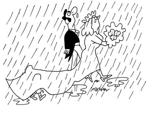 Wedding couple getting married in the rain.