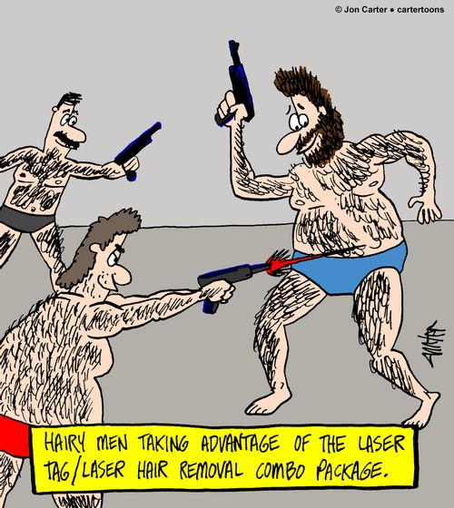 Hairy men taking advantage of the laser tag/laser hair removal combo package.