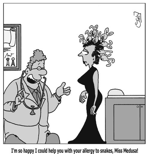 'I'm so happy I could help you with your allergy to snakes, Miss Medusa!'