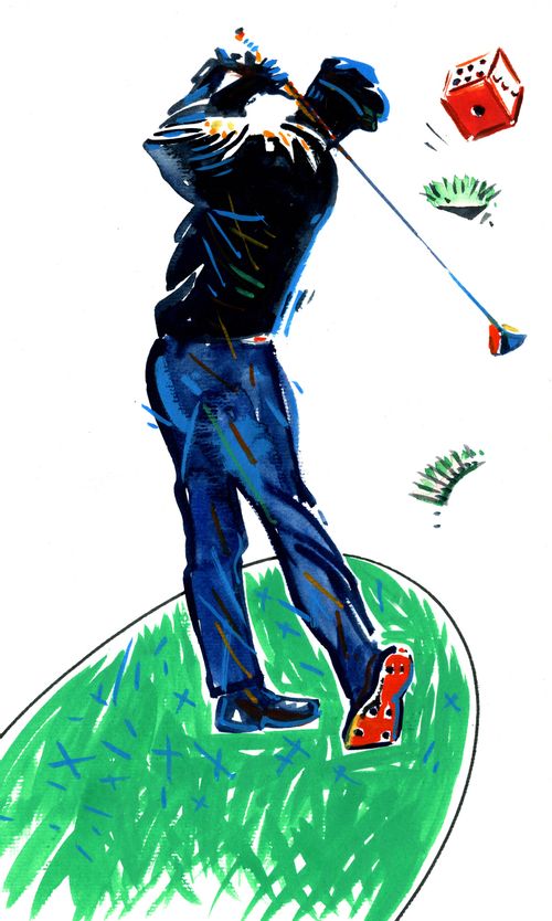 Golfer hitting a die.