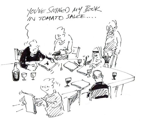 "You've signed my book in tomato sauce..."