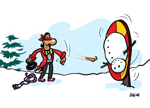 Knife thrower makes a snowman the only way he knows how.