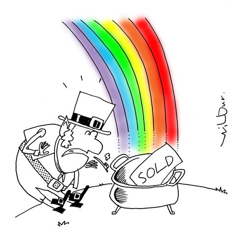 Leprechaun finds 'sold' sign in pot of gold.