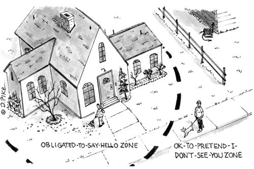 Obligated-to-say-hello zone and Ok-to-pretend-I-don't-see-you zone