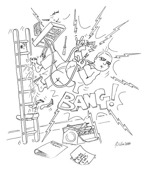 Electrician electrocuting himself.