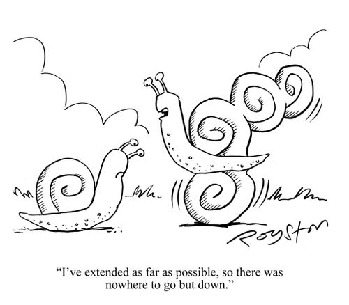 Snail with lots of shells says: 'I've extended as far as possible, so there was nowhere to go but down.'