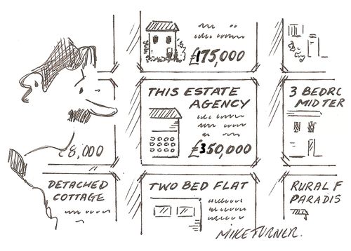 Advert for an estate agency for sale in the window the estate agents. 