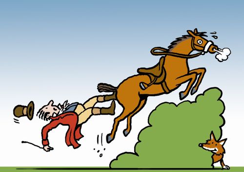 A fox hunter is thrown by horse as fox watches from a hedge.