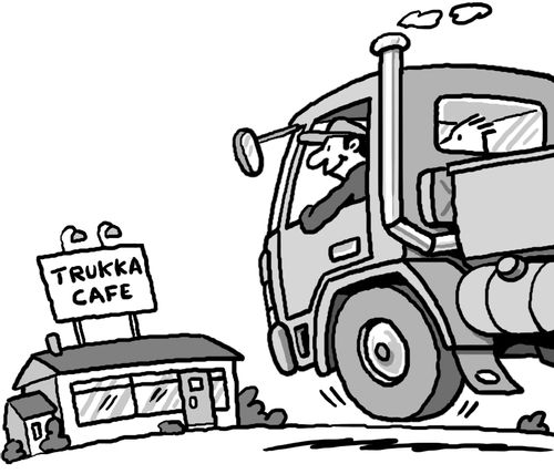 Two hungry truckers approach a roadside cafe in a truck.