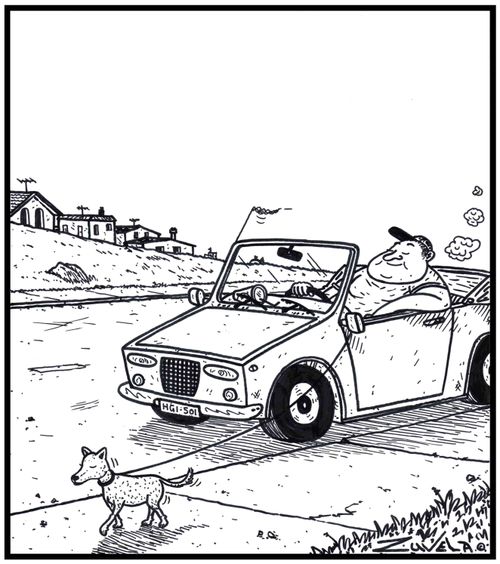 A fat man walking his dog from his car.