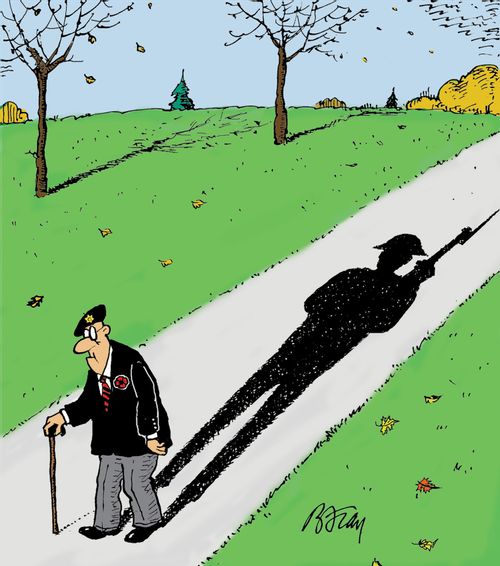 Old veteran walking in sun casting a giant shadow as a young soldier