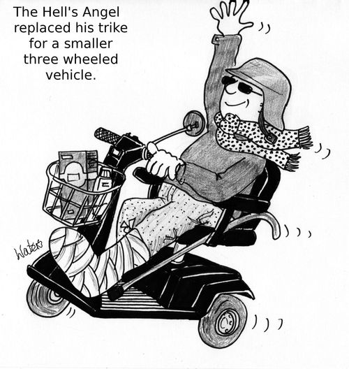 The Hell's Angel replaced his trike for a smaller three wheeled vehicle.