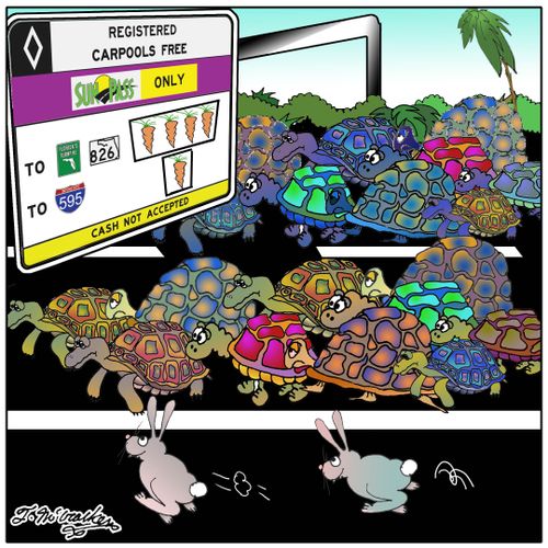 Three lanes of traffic with the first two lanes crowded with turtles. The third lane (to the left) a couple rabbits speeding along without any traffic. An easy pass sign has carrots replacing dollars.