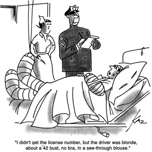 'I didn't get the license number, but the driver was blonde, about a 42 bust, no bra, in a see-through blouse.'