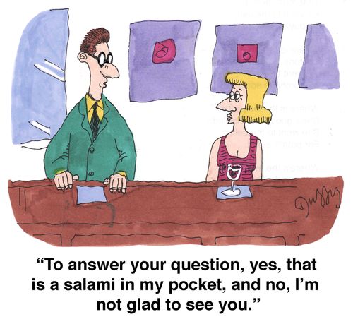 'To answer your question, yes, that is a salami in my pocket, and no, I'm not glad to see you.'