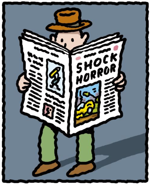 'Man in hat reads newspaper with shock horror headline.'