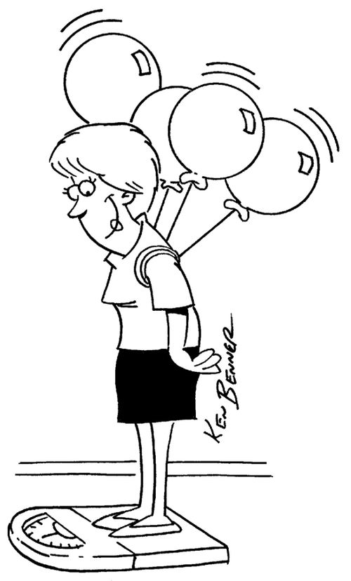 Women weighing herself with balloons.