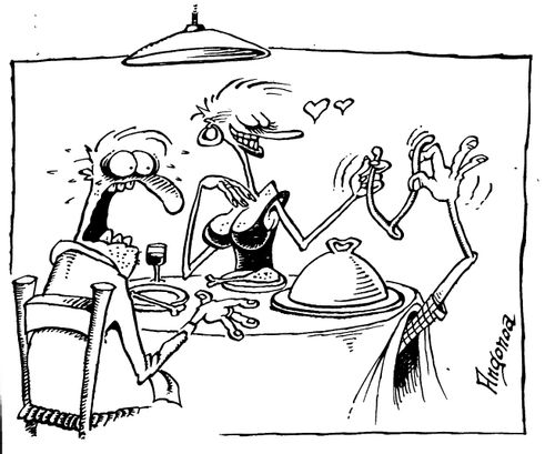 Woman pulling wish bone with lover under the table.