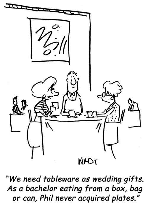 We need tableware as wedding gifts. As a bachelor eating from a box, bag or can, Phil never acquired plates.