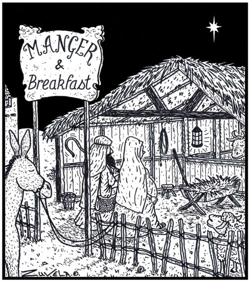 Joseph and Mary entering a B&B stable for the night.