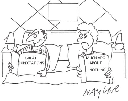 Husband and Wife reading 'Great Expectations' and 'Much Ado About Nothing'.