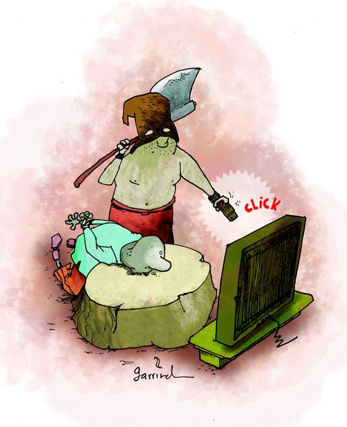 Executioner watching TV.