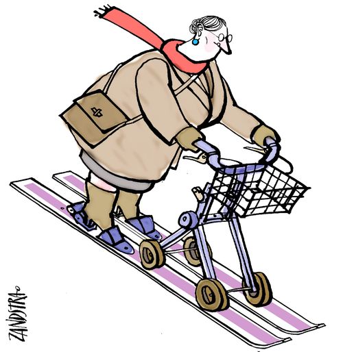 Lady with walking frame on skis.